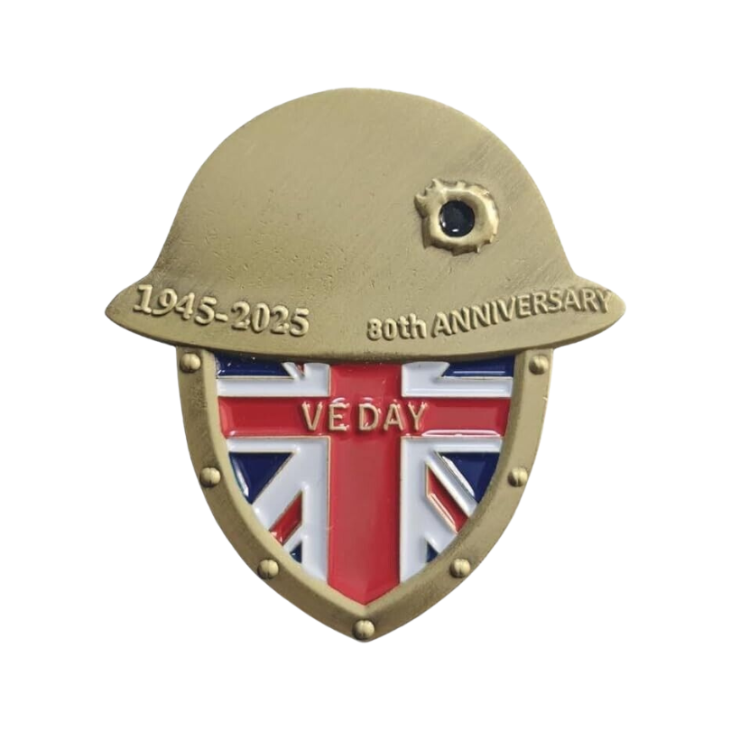 VE Day 80th Anniversary Commemorative Helmet Shield Pin Badge