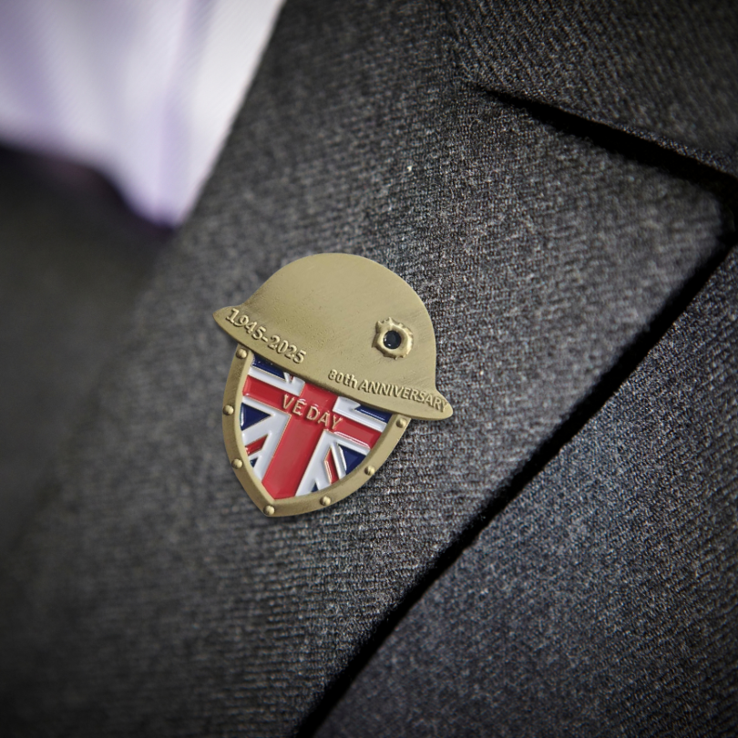 VE Day 80th Anniversary Commemorative Helmet Shield Pin Badge