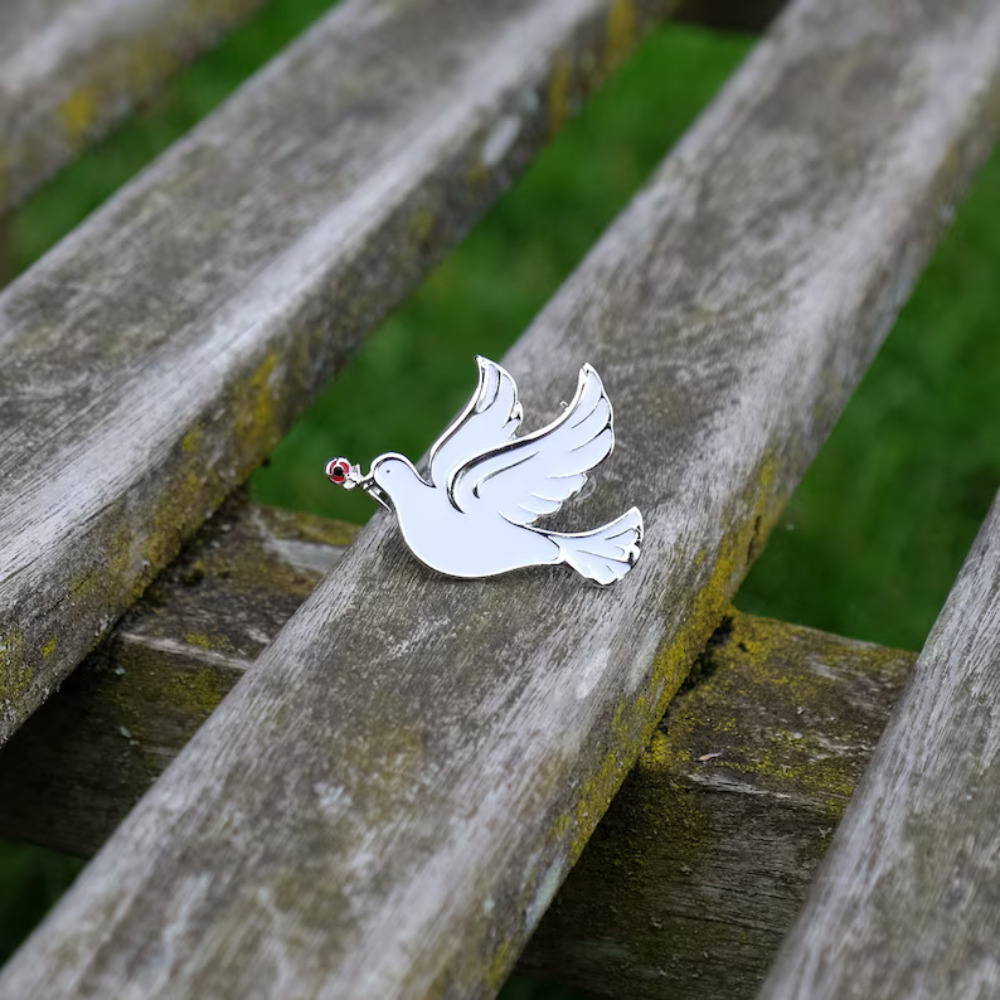 Dove Brooch with Red Poppy Flower