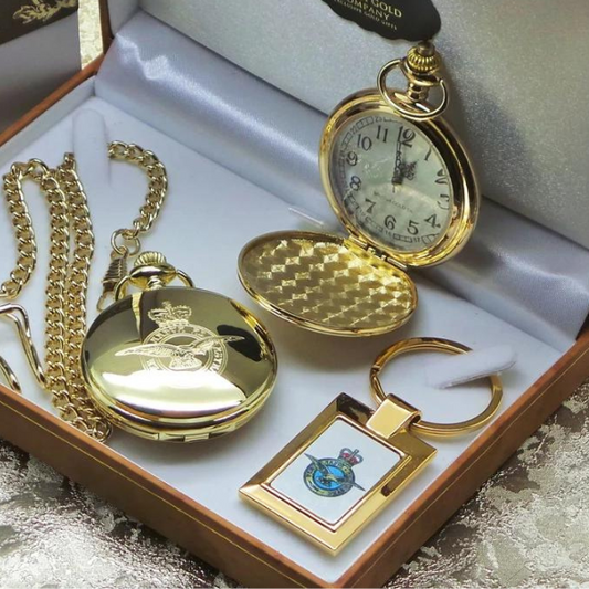 RAF 24k Gold-Plated Personalised Pocket Watch and Keyring Set