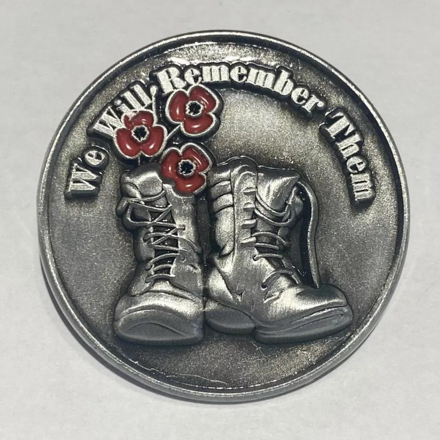 "We Will Remember Them" Red Flower Soldier Boots Pin Badge