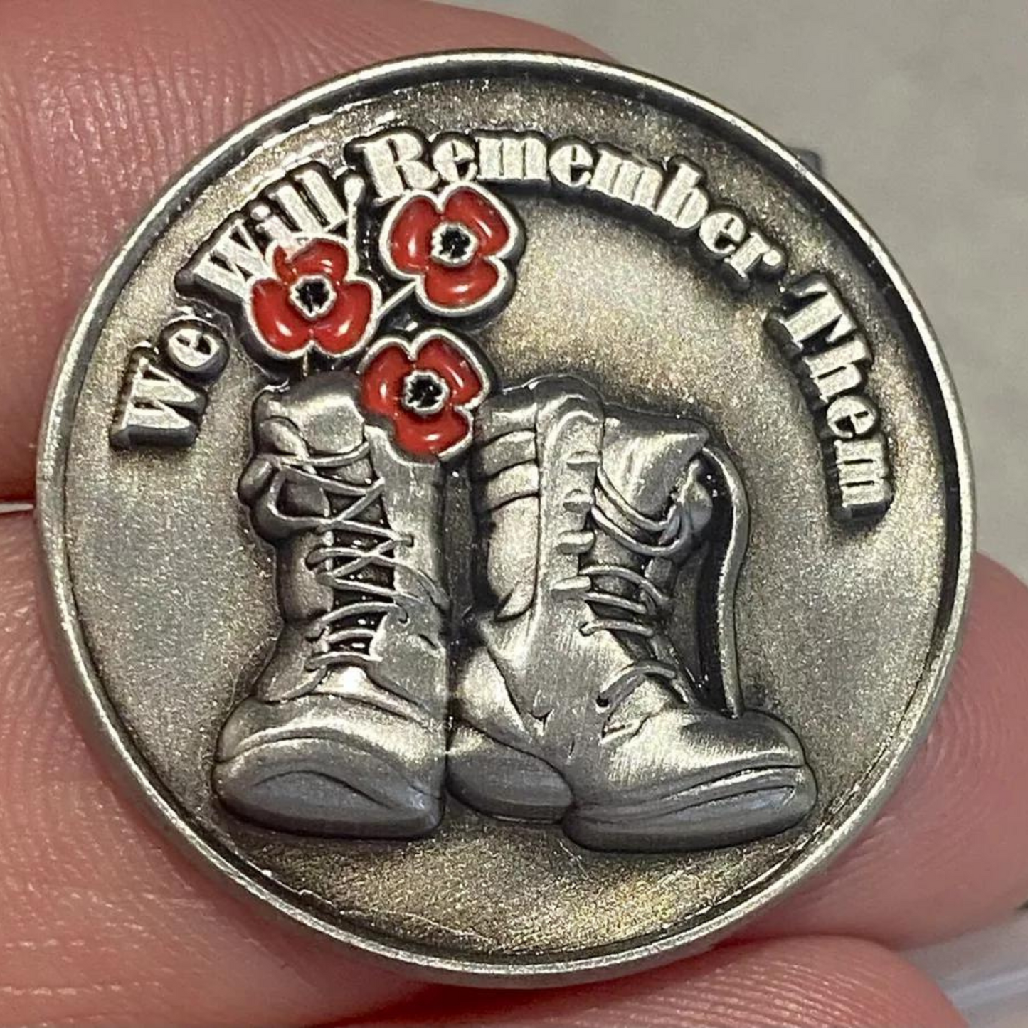 "We Will Remember Them" Red Flower Soldier Boots Pin Badge