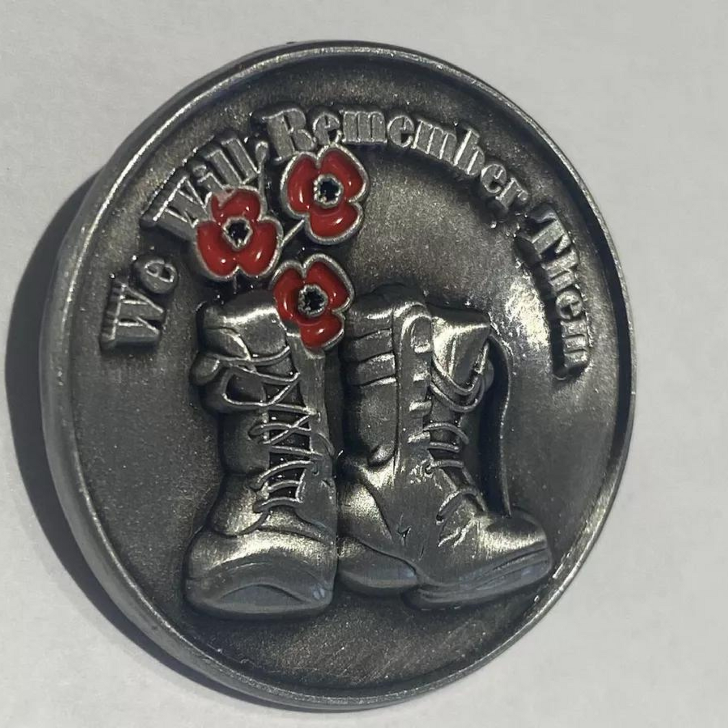 "We Will Remember Them" Red Flower Soldier Boots Pin Badge