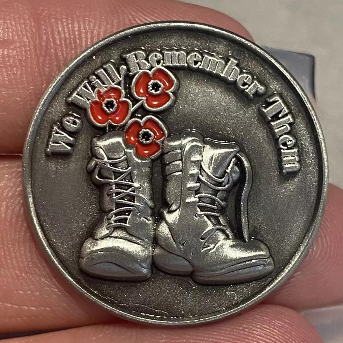 "We Will Remember Them" Red Flower Soldier Boots Pin Badge