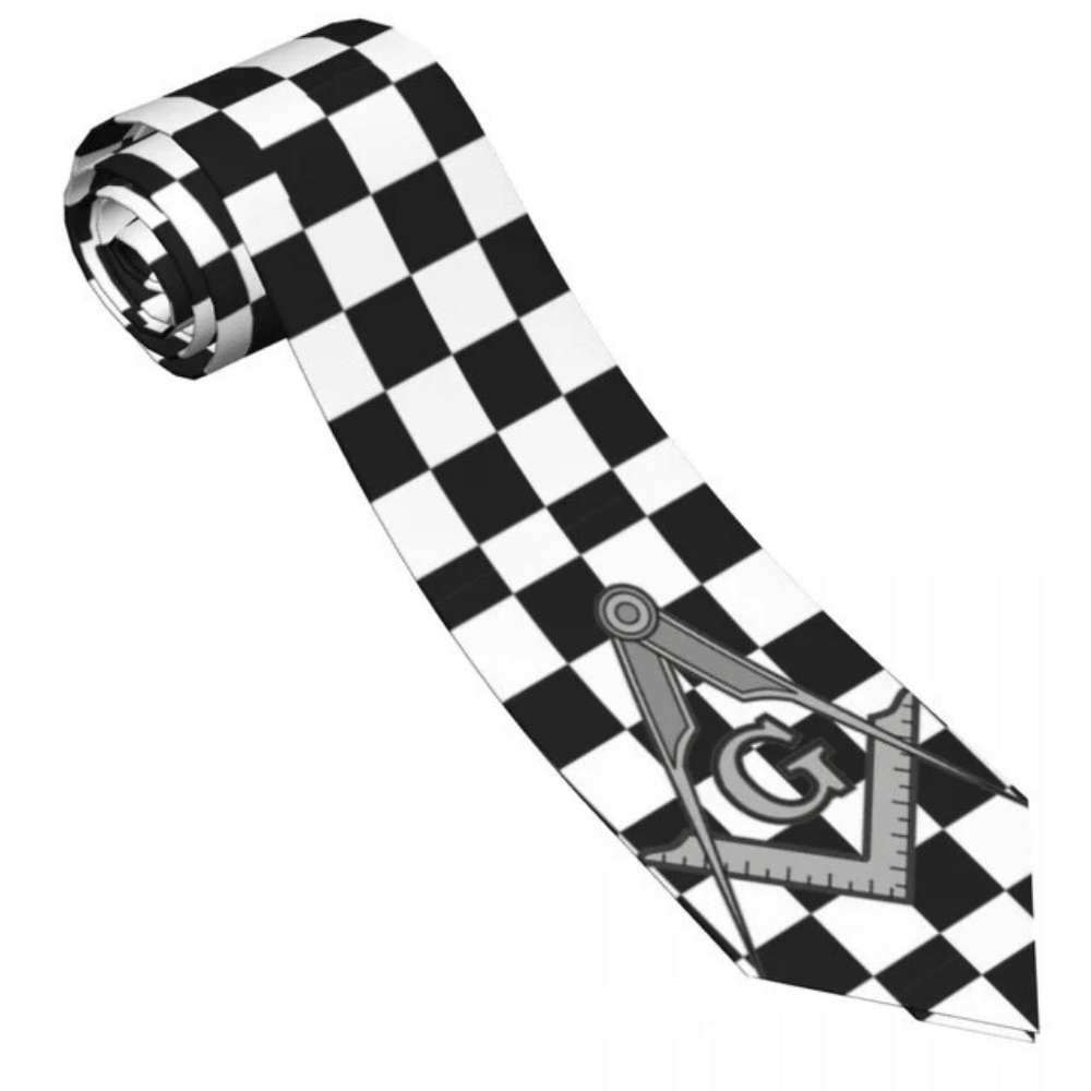 Checkered Masonic Compass and Square Tie