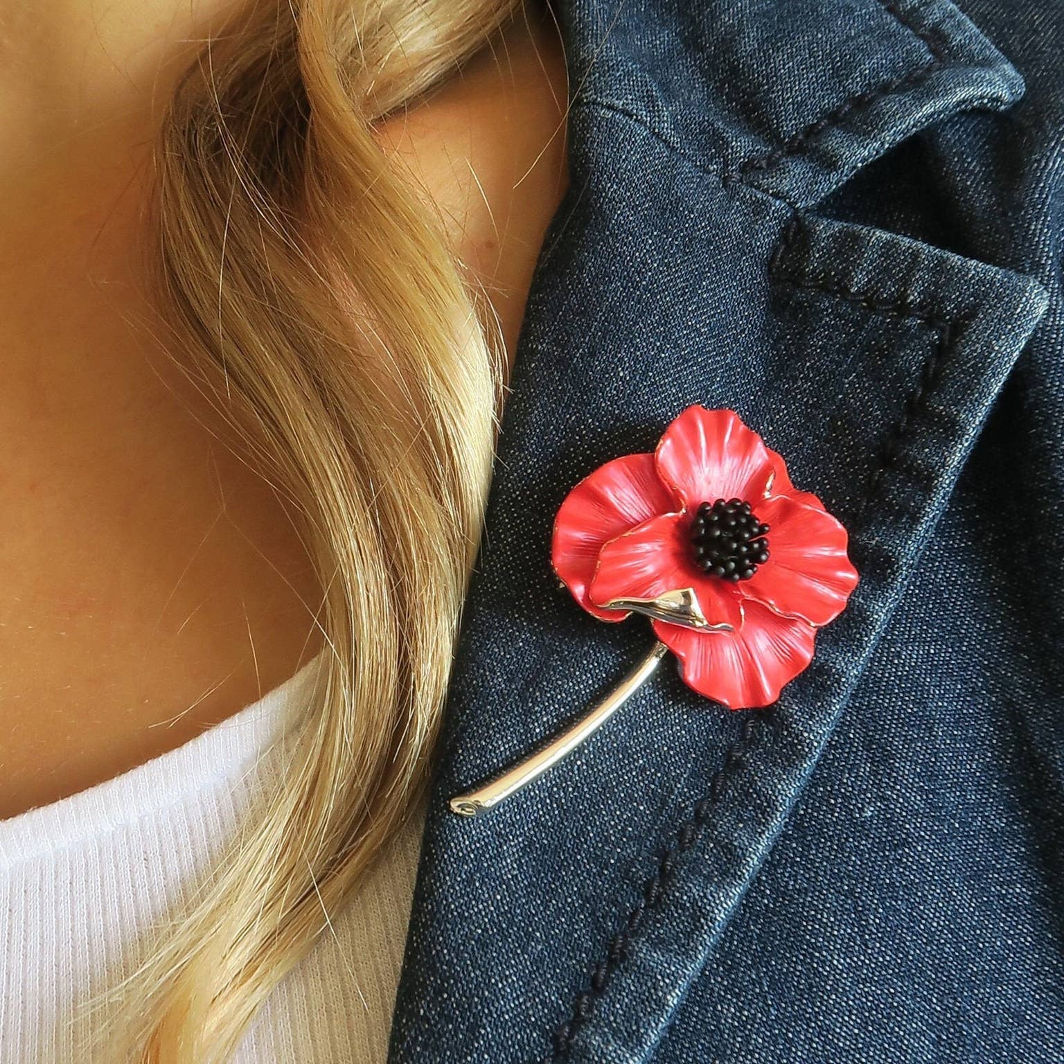 Poppy Red Flower Brooch with stem