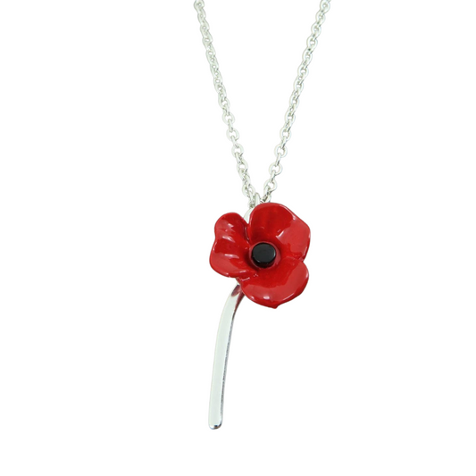 Red Flower With Stem Pendant Necklace