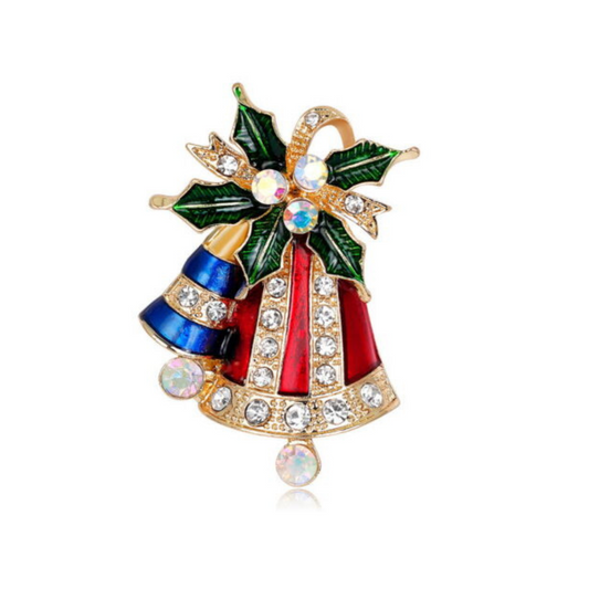 Crystal Bell & Holly Christmas Brooch