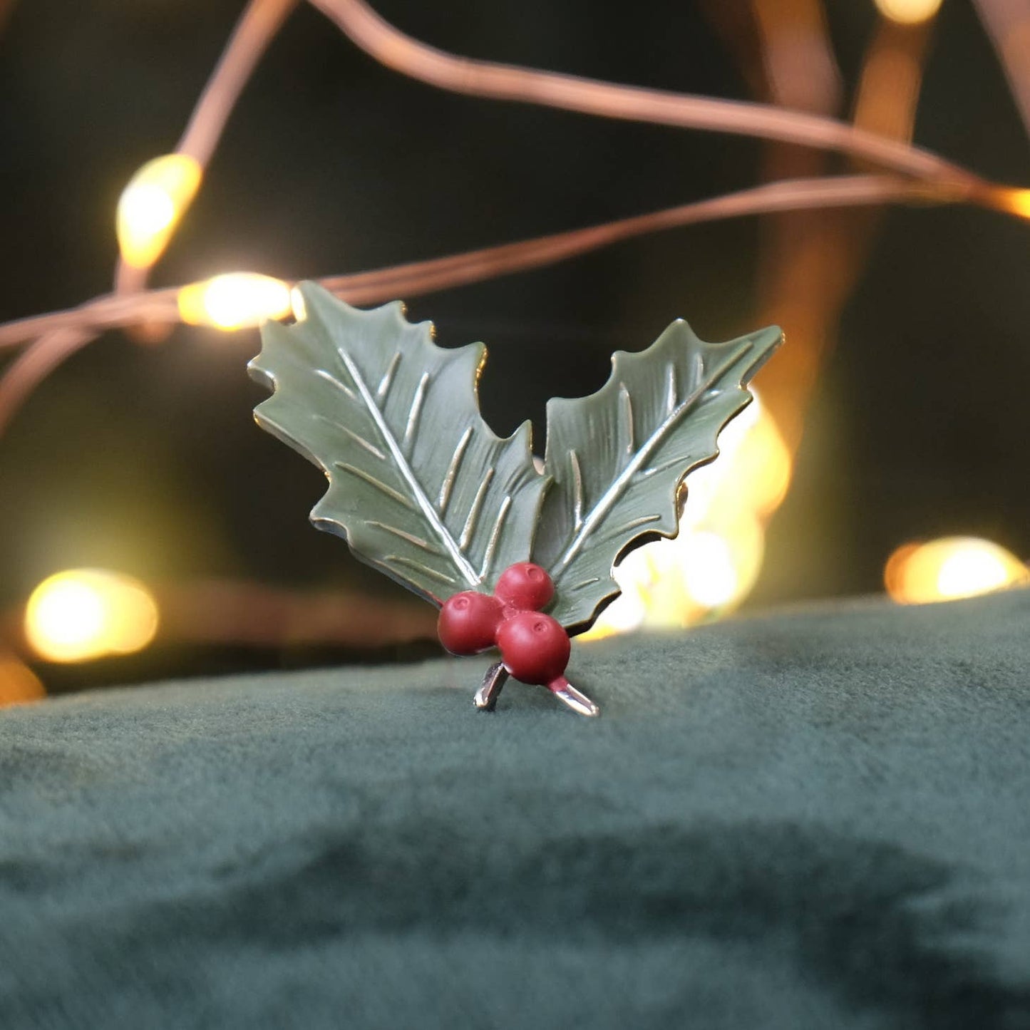 Holly With Berries Christmas Brooch