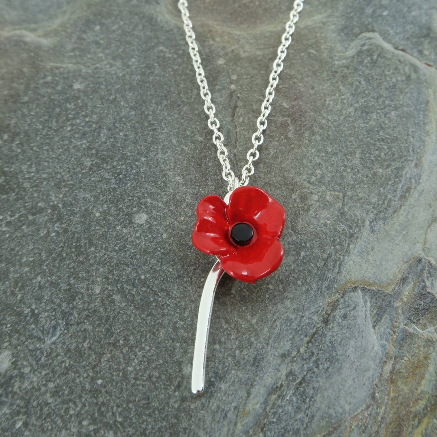 Red Flower With Stem Pendant Necklace