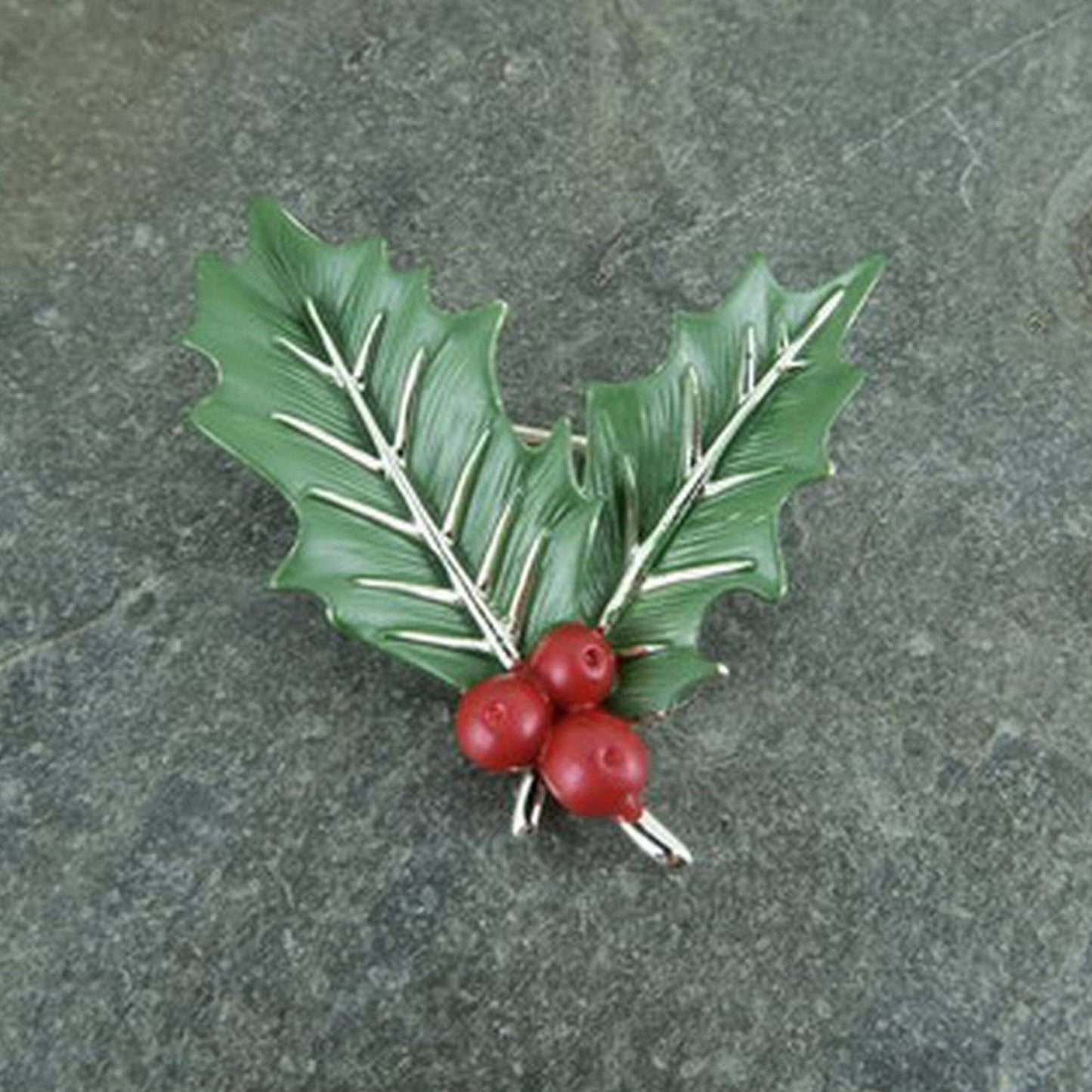 Holly With Berries Christmas Brooch